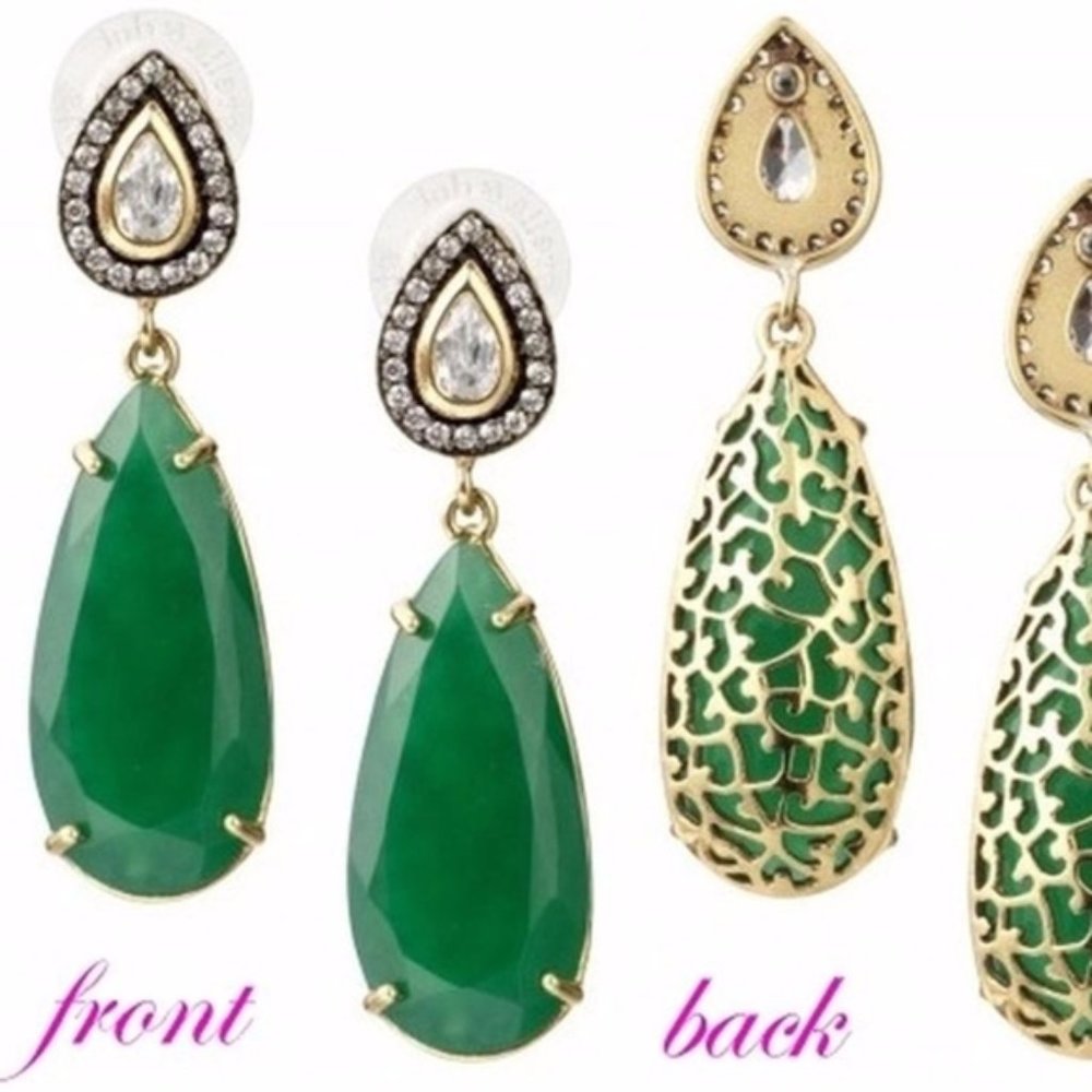 :: Stella & Dot~Ultra-RARE~Retired Emerald + Gold Liz Drop Earrings - Picture 7 of 9